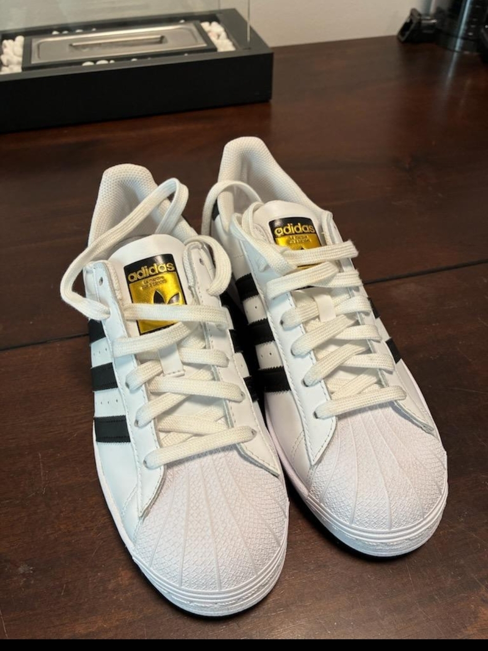 adidas White & Black Classic Shell-Toe Sneakers with Gold Tongue Logo